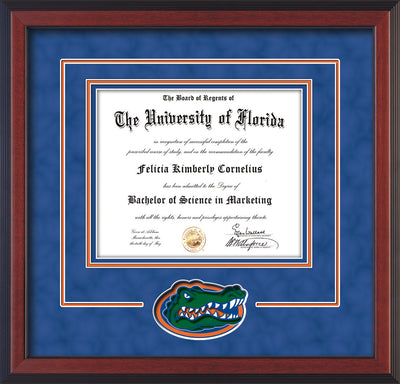 Image of University of Florida Diploma Frame - Cherry Reverse - 3D Laser UF Gator Head Logo Cutout - Royal Blue Suede on Orange on Royal Blue mat