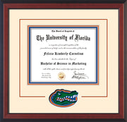 Image of University of Florida Diploma Frame - Cherry Reverse - 3D Laser UF Gator Head Logo Cutout - Cream on Orange on Royal Blue mat