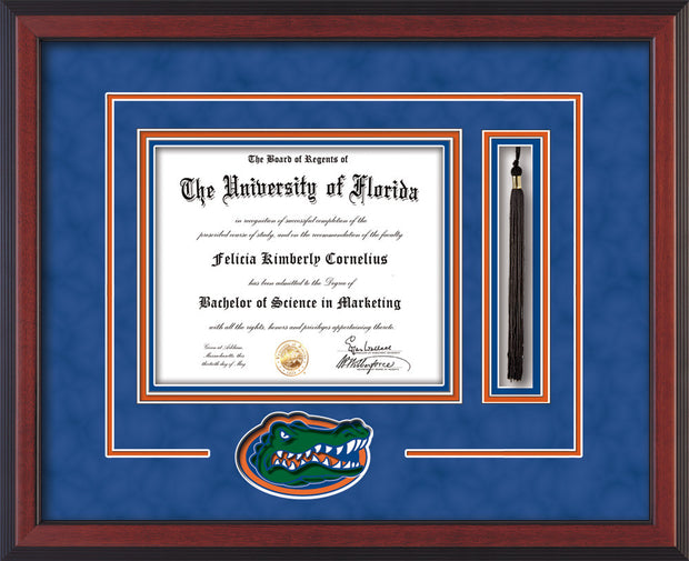Image of University of Florida Diploma Frame - Cherry Reverse - 3D Laser UF Gator Head Logo Cutout - Tassel Holder - Royal Blue Suede on Orange on Royal Blue mat