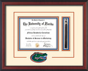 Image of University of Florida Diploma Frame - Cherry Reverse - 3D Laser UF Gator Head Logo Cutout - Tassel Holder - Cream on Orange on Royal Blue mat