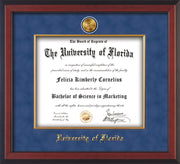 Image of University of Florida Diploma Frame - Cherry Reverse - w/24k Gold-Plated Medallion & Fillet - w/UFL Name Embossing - Royal Blue Suede mat