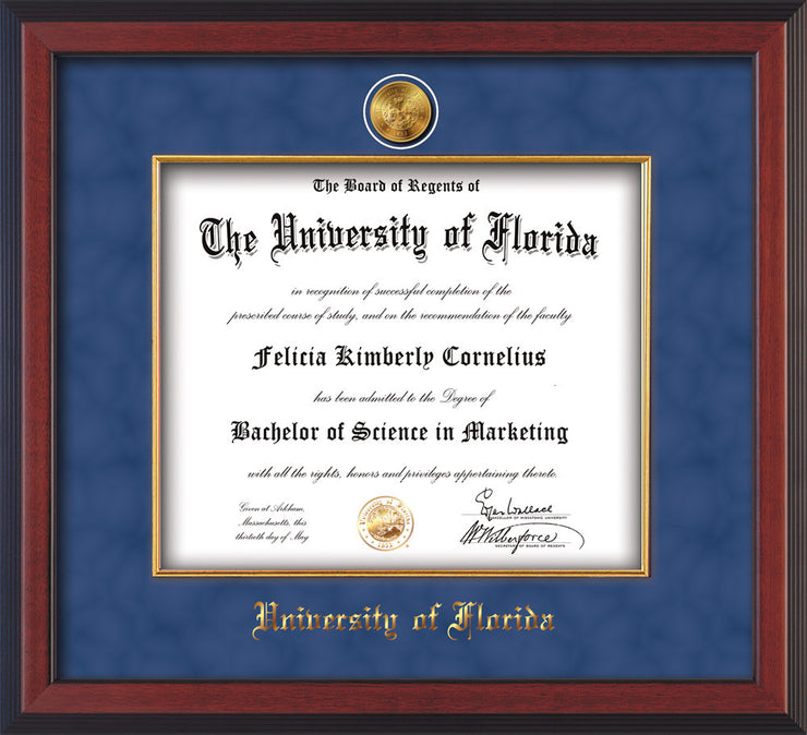 Image of University of Florida Diploma Frame - Cherry Reverse - w/24k Gold-Plated Medallion & Fillet - w/UFL Name Embossing - Royal Blue Suede mat