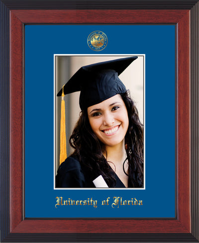 Image of University of Florida 5 x 7 Photo Frame - Cherry Reverse - w/Official Embossing of UF Seal & Name - Single Royal Blue mat