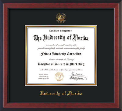 Image of University of Florida Diploma Frame - Cherry Reverse - w/Embossed Seal & Name - Black on Gold mat