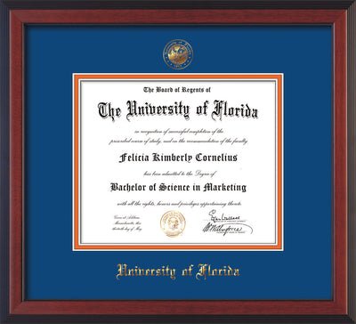 Image of University of Florida Diploma Frame - Cherry Reverse - w/Embossed Seal & Name - Royal Blue on Orange mat