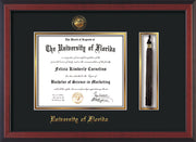 Image of University of Florida Diploma Frame - Cherry Reverse - w/Embossed Seal & Name - Tassel Holder - Black on Gold mat