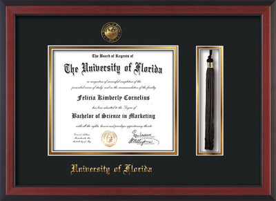 Image of University of Florida Diploma Frame - Cherry Reverse - w/Embossed Seal & Name - Tassel Holder - Black on Gold mat