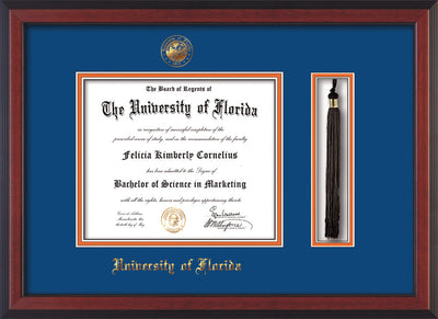 Image of University of Florida Diploma Frame - Cherry Reverse - w/Embossed Seal & Name - Tassel Holder - Royal Blue on Orange mat