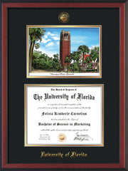 Image of University of Florida Diploma Frame - Cherry Reverse - w/Embossed Seal & Name - Campus Watercolor - Black on Gold mat