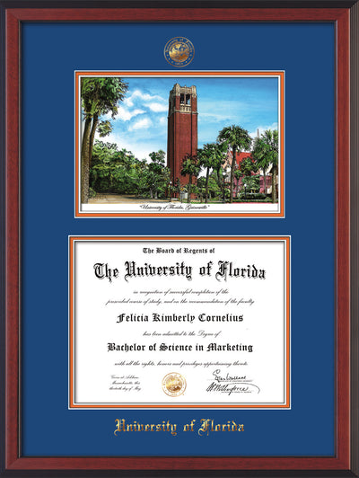 Image of University of Florida Diploma Frame - Cherry Reverse - w/Embossed Seal & Name - Watercolor - Royal Blue on Orange mat