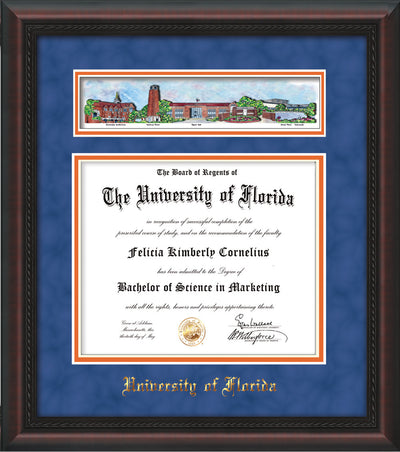 Image of University of Florida Diploma Frame - Mahogany Braid - w/Embossed School Name Only - Campus Collage - Royal Blue Suede on Orange mat