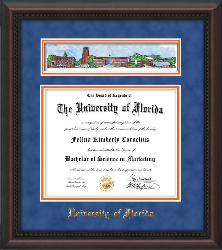 Image of University of Florida Diploma Frame - Mahogany Braid - w/Embossed School Name Only - Campus Collage - Royal Blue Suede on Orange mat