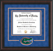 Image of University of Florida Diploma Frame - Mahogany Braid - 3D Laser UF Gator Head Logo Cutout - Royal Blue Suede on Orange on Royal Blue mat