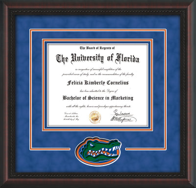 Image of University of Florida Diploma Frame - Mahogany Braid - 3D Laser UF Gator Head Logo Cutout - Royal Blue Suede on Orange on Royal Blue mat