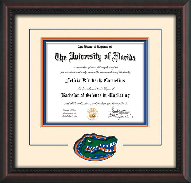 Image of University of Florida Diploma Frame - Mahogany Braid - 3D Laser UF Gator Head Logo Cutout - Cream on Orange on Royal Blue mat