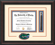 Image of University of Florida Diploma Frame - Mahogany Braid - 3D Laser UF Gator Head Logo Cutout - Tassel Holder - Cream on Orange on Royal Blue mat