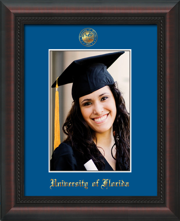 Image of University of Florida 5 x 7 Photo Frame - Mahogany Braid - w/Official Embossing of UF Seal & Name - Single Royal Blue mat