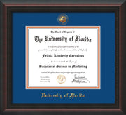 Image of University of Florida Diploma Frame - Mahogany Braid - w/Embossed Seal & Name - Royal Blue on Orange mat