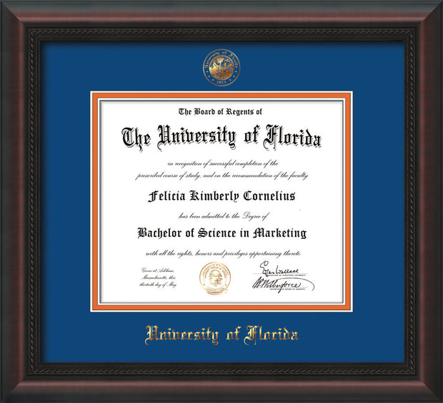 Image of University of Florida Diploma Frame - Mahogany Braid - w/Embossed Seal & Name - Royal Blue on Orange mat