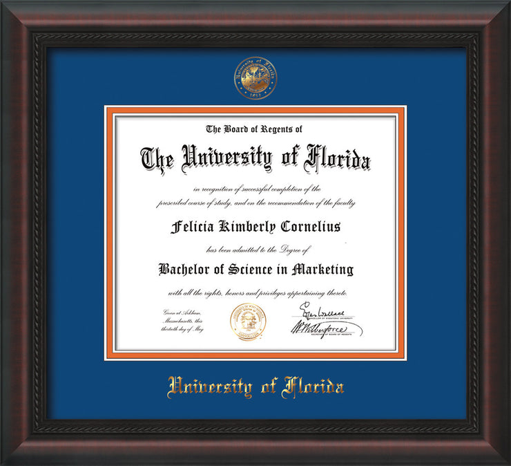Image of University of Florida Diploma Frame - Mahogany Braid - w/Embossed Seal & Name - Royal Blue on Orange mat
