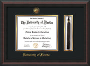 Image of University of Florida Diploma Frame - Mahogany Braid - w/Embossed Seal & Name - Tassel Holder - Black on Gold mat