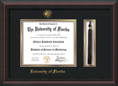 Image of University of Florida Diploma Frame - Mahogany Braid - w/Embossed Seal & Name - Tassel Holder - Black on Gold mat