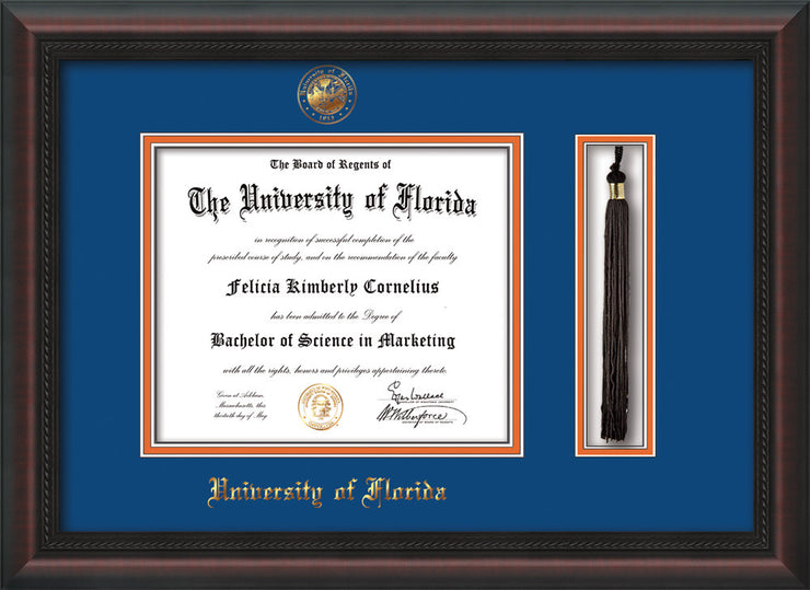 Image of University of Florida Diploma Frame - Mahogany Braid - w/Embossed Seal & Name - Tassel Holder - Royal Blue on Orange mat