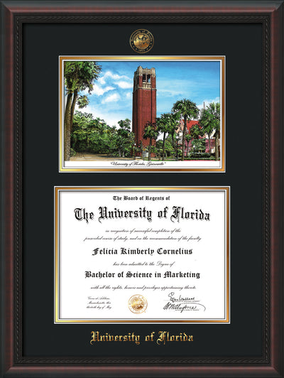 Image of University of Florida Diploma Frame - Mahogany Braid - w/Embossed Seal & Name - Watercolor - Black on Gold mat