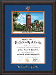 Image of University of Florida Diploma Frame - Mahogany Braid - w/Embossed Seal & Name - Watercolor - Royal Blue on Orange mat