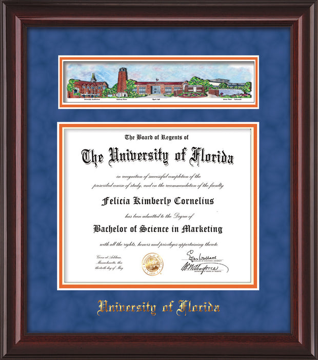 Image of University of Florida Diploma Frame - Mahogany Lacquer - w/Embossed School Name Only - Campus Collage - Royal Blue Suede on Orange mat