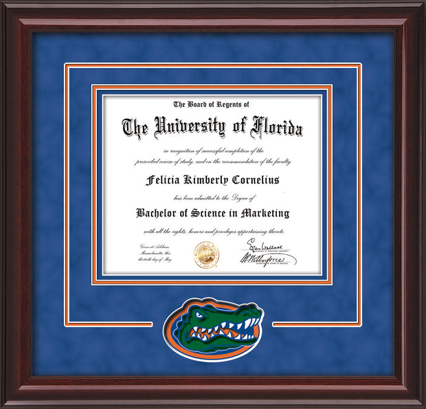 Image of University of Florida Diploma Frame - Mahogany Lacquer - 3D Laser UF Gator Head Logo Cutout - Royal Blue Suede on Orange on Royal Blue mat