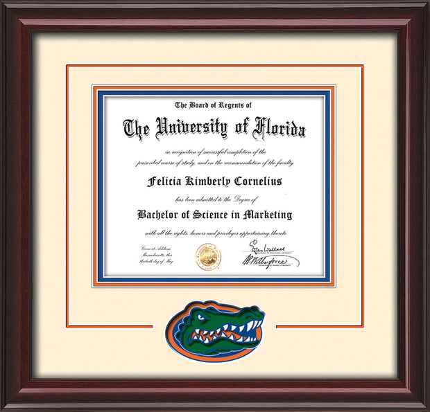 Image of University of Florida Diploma Frame - Mahogany Lacquer - 3D Laser UF Gator Head Logo Cutout - Cream on Orange on Royal Blue mat