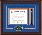 Image of University of Florida Diploma Frame - Mahogany Lacquer - 3D Laser Gator Head Logo Cutout - Tassel Holder - Royal Blue Suede on Orange on Green on Royal Blue mat