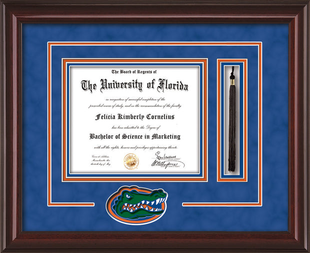 Image of University of Florida Diploma Frame - Mahogany Lacquer - 3D Laser Gator Head Logo Cutout - Tassel Holder - Royal Blue Suede on Orange on Green on Royal Blue mat