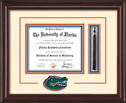 Image of University of Florida Diploma Frame - Mahogany Lacquer - 3D Laser UF Gator Head Logo Cutout - Tassel Holder - Cream on Orange on Royal Blue mat