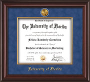 Image of University of Florida Diploma Frame - Mahogany Lacquer - w/24k Gold-Plated Medallion & Fillet - w/UFL Name Embossing - Royal Blue Suede mat
