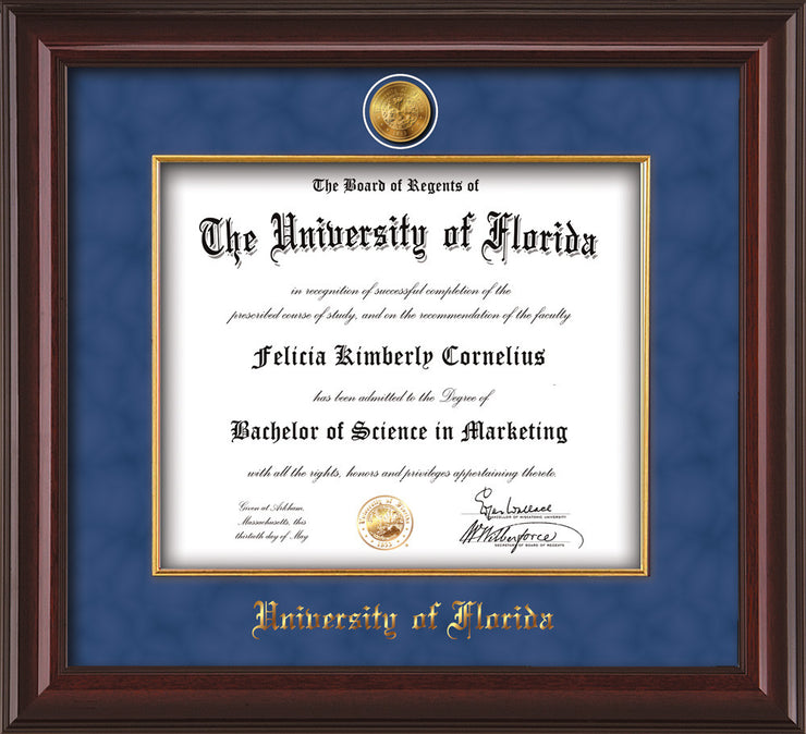Image of University of Florida Diploma Frame - Mahogany Lacquer - w/24k Gold-Plated Medallion & Fillet - w/UFL Name Embossing - Royal Blue Suede mat