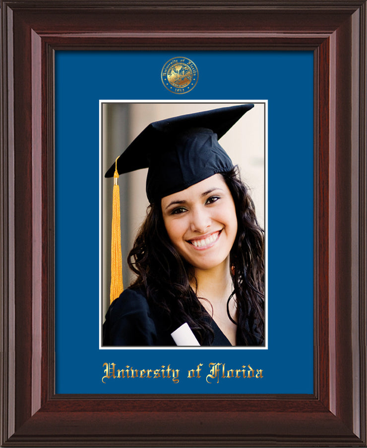 Image of University of Florida 5 x 7 Photo Frame - Mahogany Lacquer - w/Official Embossing of UF Seal & Name - Single Royal Blue mat