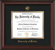Image of University of Florida Diploma Frame - Mahogany Lacquer - w/Embossed Seal & Name - Black on Gold mat
