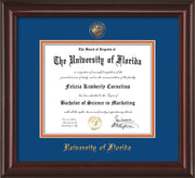 Image of University of Florida Diploma Frame - Mahogany Lacquer - w/Embossed Seal & Name - Royal Blue on Orange mat