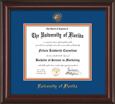 Image of University of Florida Diploma Frame - Mahogany Lacquer - w/Embossed Seal & Name - Royal Blue on Orange mat