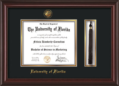 Image of University of Florida Diploma Frame - Mahogany Lacquer - w/Embossed Seal & Name - Tassel Holder - Black on Gold mat