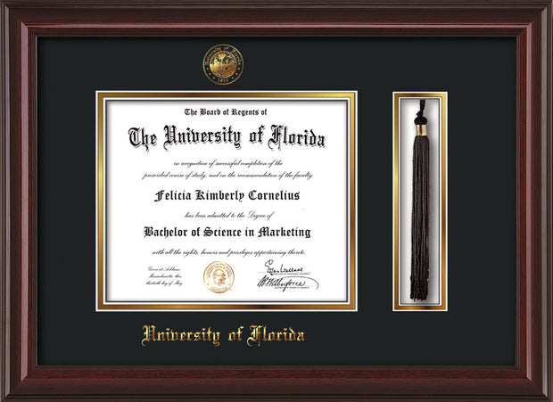 Image of University of Florida Diploma Frame - Mahogany Lacquer - w/Embossed Seal & Name - Tassel Holder - Black on Gold mat