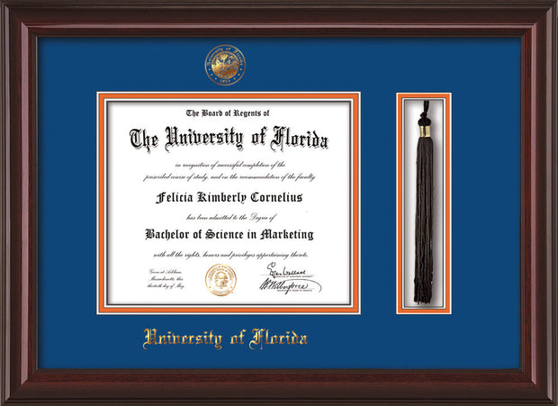 University of Florida Diploma Frame - Mahogany Lacquer - w/UF Embossed Seal & Name - Tassel Holder - Royal Blue on Orange mat