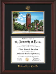 Image of University of Florida Diploma Frame - Mahogany Lacquer - w/Embossed Seal & Name - Watercolor - Black on Gold mat