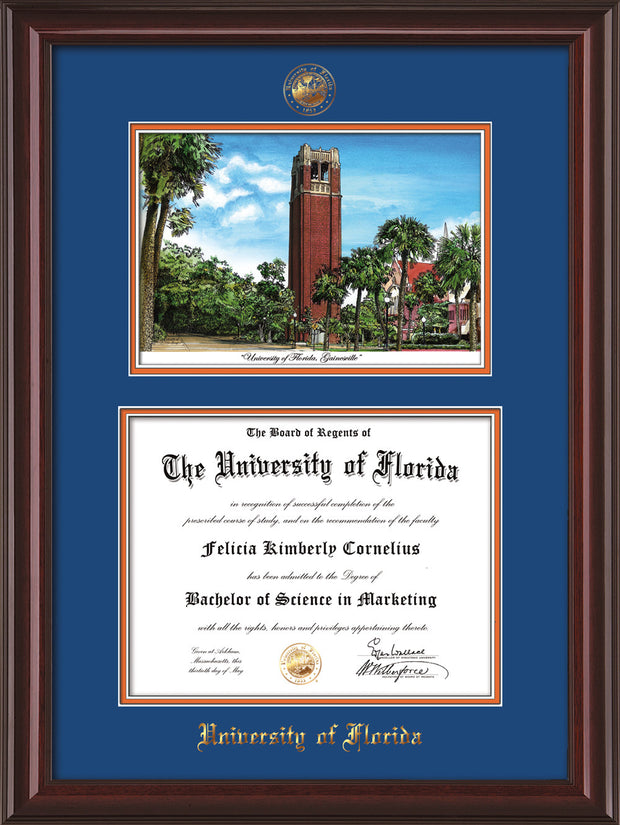 Image of University of Florida Diploma Frame - Mahogany Lacquer - w/Embossed Seal & Name - Watercolor - Royal Blue on Orange mat
