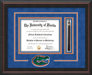 Image of University of Florida Diploma Frame - Mahogany Braid - 3D Laser UF Gator Head Logo Cutout - Tassel Holder - Royal Blue Suede on Orange on Royal Blue mat