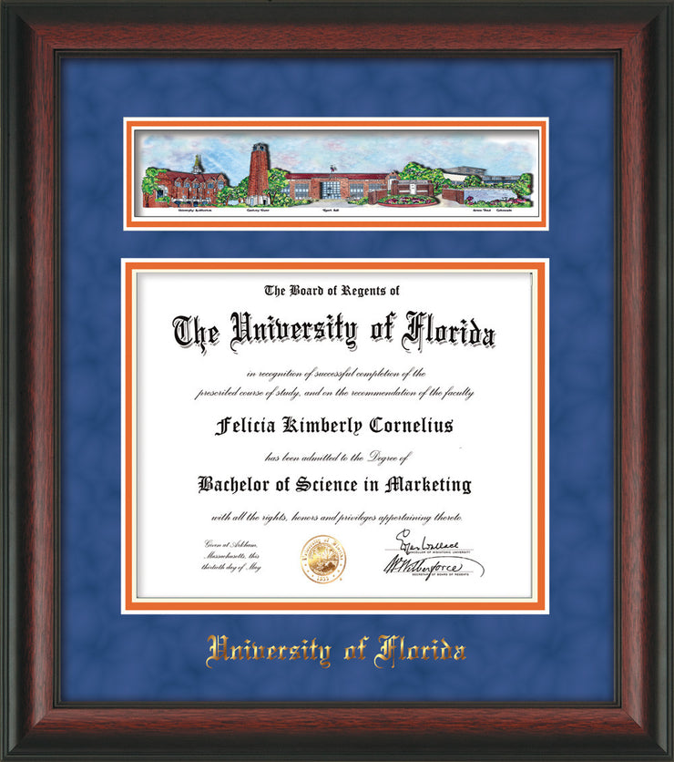 Image of University of Florida Diploma Frame - Rosewood - w/Embossed School Name Only - Campus Collage - Royal Blue Suede on Orange mat