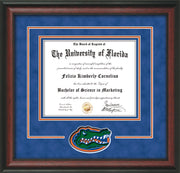 Image of University of Florida Diploma Frame - Rosewood - 3D Laser UF Gator Head Logo Cutout - Royal Blue Suede on Orange on Royal Blue mat