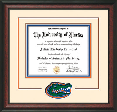 Image of University of Florida Diploma Frame - Rosewood - 3D Laser UF Gator Head Logo Cutout - Cream on Orange on Royal Blue mat